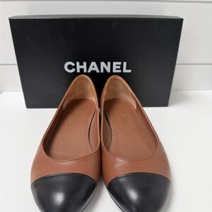 CHANEL Brown Leather Flats with Black Cap